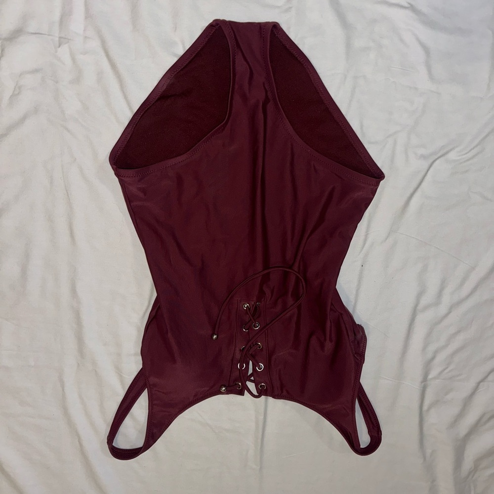 Burgundy Lace-Up One-Piece Swimsuit
